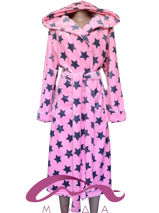 Женский махровый халат с капюшоном розовый в звездочку ⭐ 