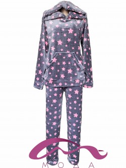 Женская теплая махровая пижама с капюшоном розовая Звездочка