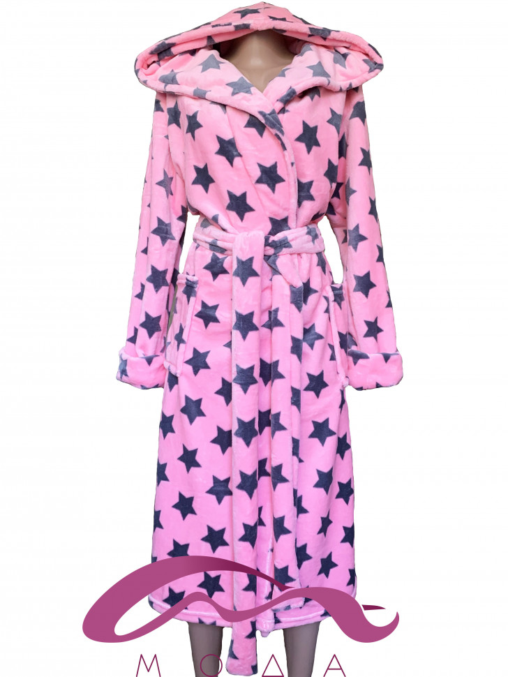 Женский махровый халат с капюшоном розовый в звездочку 