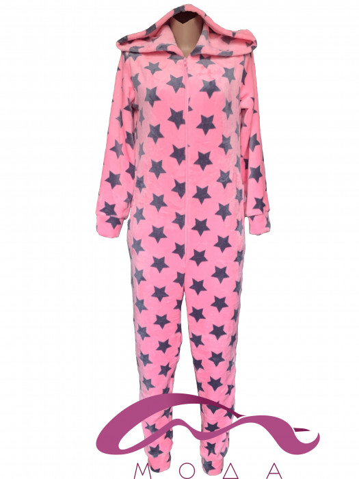 Женская махровая пижама Кигуруми розовая в Звездочку 