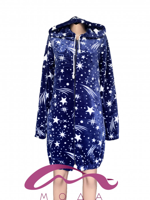Женский махровый теплый халат на молнии с капюшоном Звездное небо 