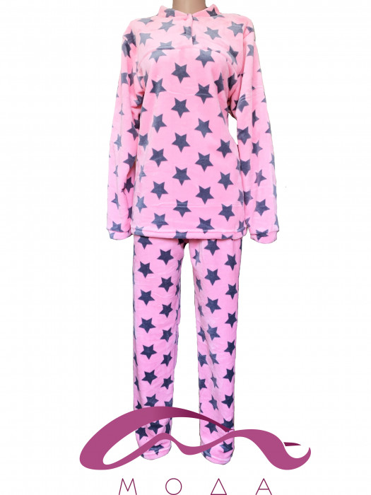 Женская махровая пижама розовая в Звездочку на кнопке 