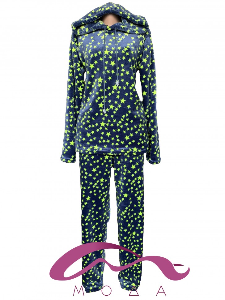 Женская теплая махровая пижама с капюшоном Звездочки 