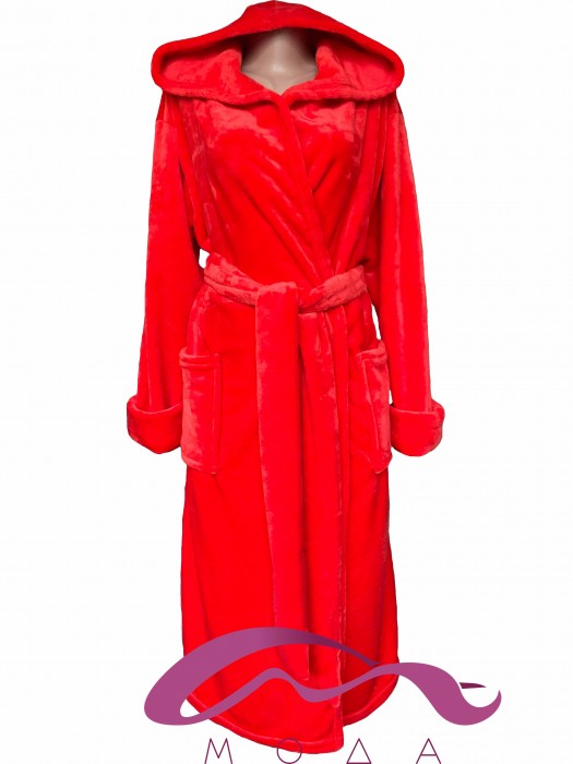 Женский махровый халат Однотонный Красный на запах с капюшоном 