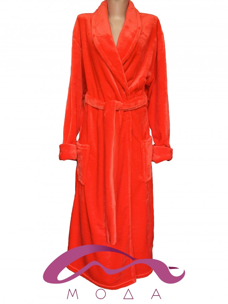 Женский махровый халат Однотонный Красный на запах без капюшона 